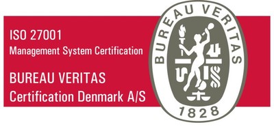 ISO 27001 informationssikkerheds-certificeringslogo, der angiver overholdelse af standard for informationssikkerhedsstyring.