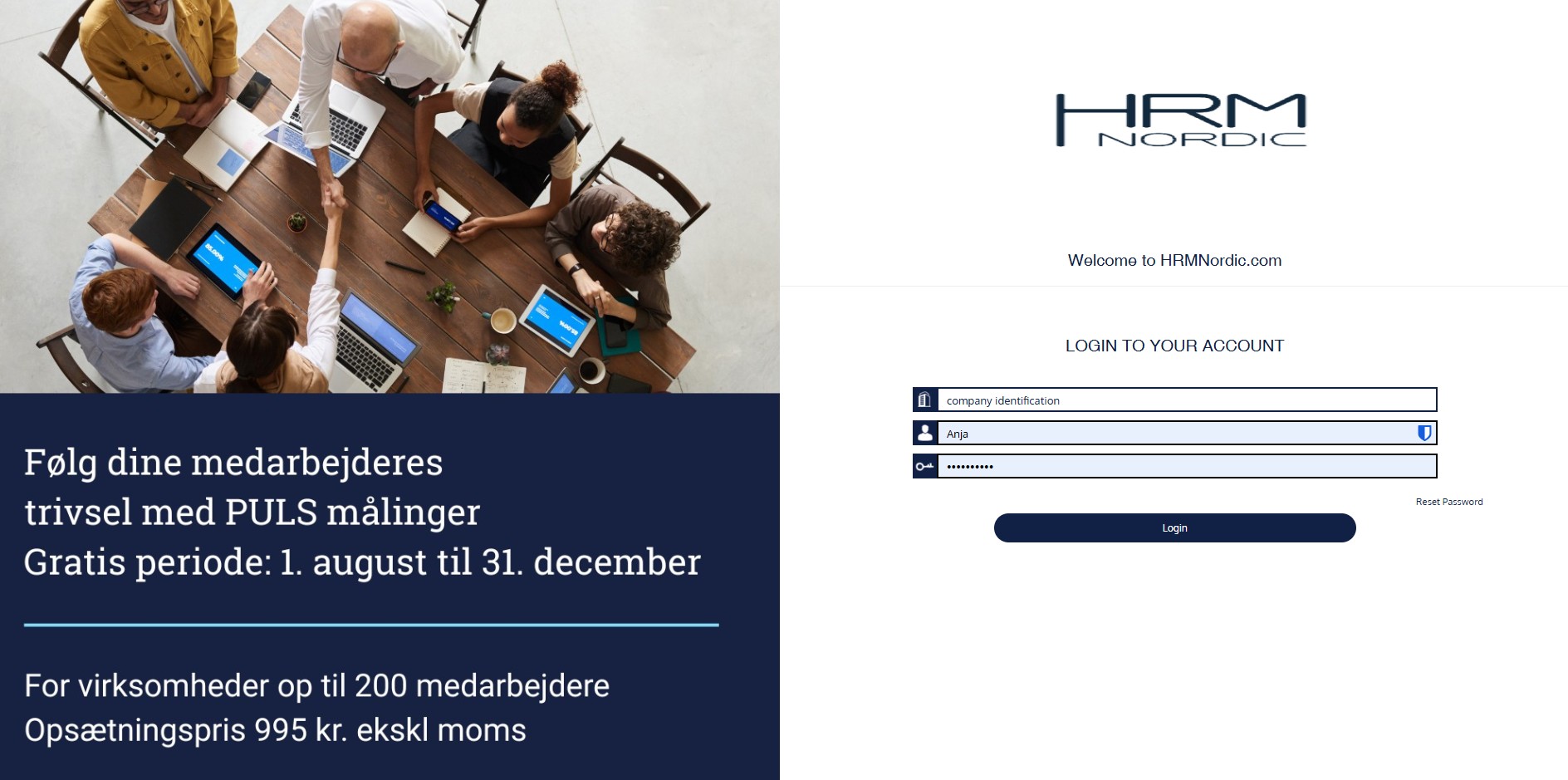 Login-forside til HRM Nordic’s hjemmeside med felter til brugernavn og adgangskode samt mulighed for at logge ind i systemet.